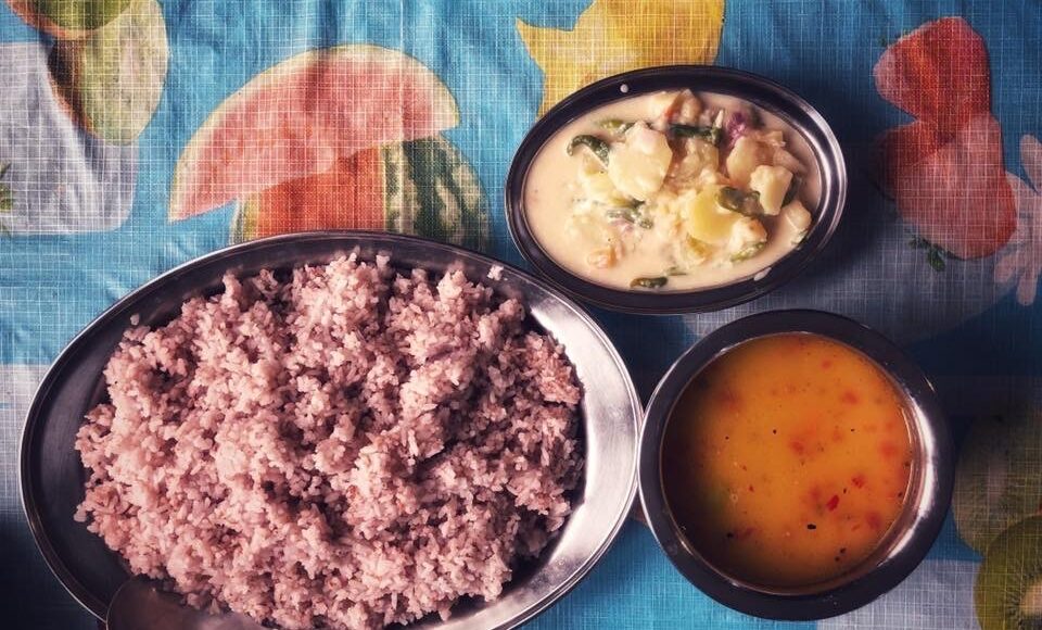 Red Rice+ Kewa Datshi + Lentils curry(Dal)