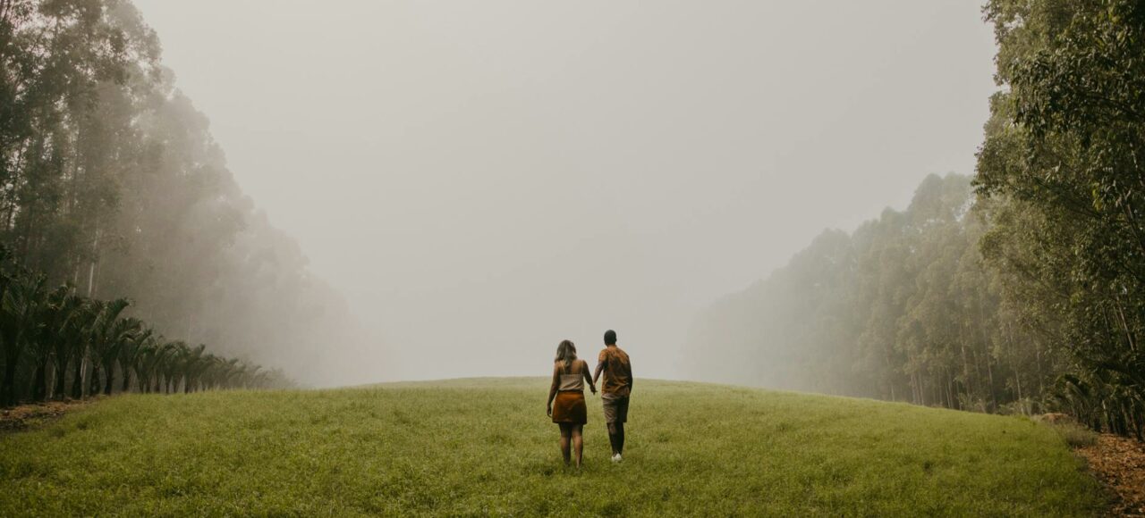 back view of a couple holding hands walking on a meadow in fog